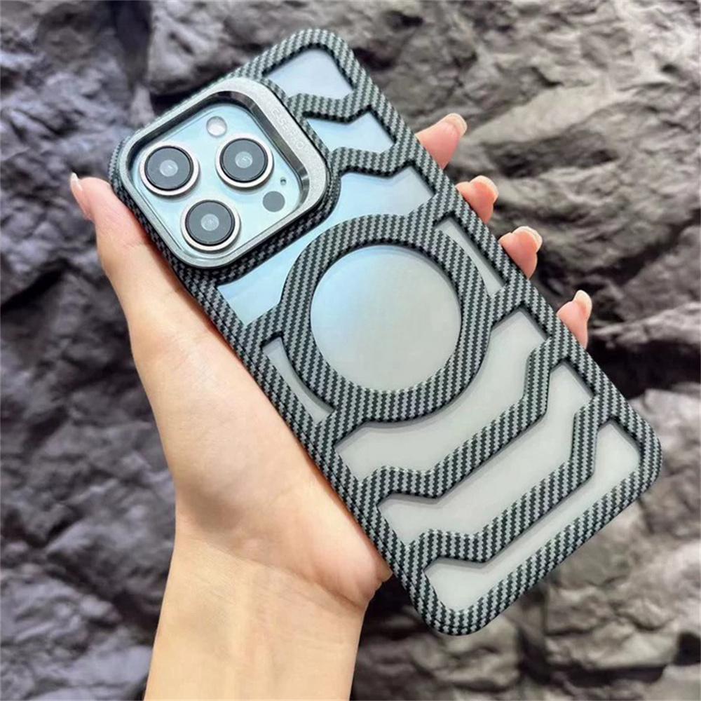 Luxury Carbon Fiber Pattern Heat Dissipation Phone Case for iPhone 16 15 14 13 12 Pro Max Camera Hidden Bracket Shockproof Cover
