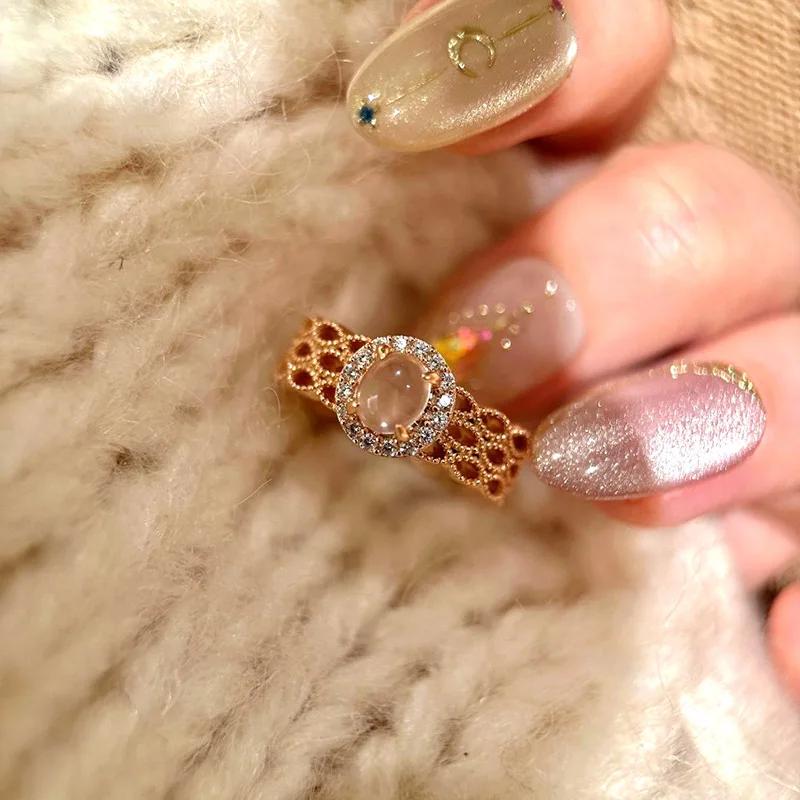 High quality hollow lace rings for women Light luxury romantic rose-golden Beautiful pink ring wedding Zircon