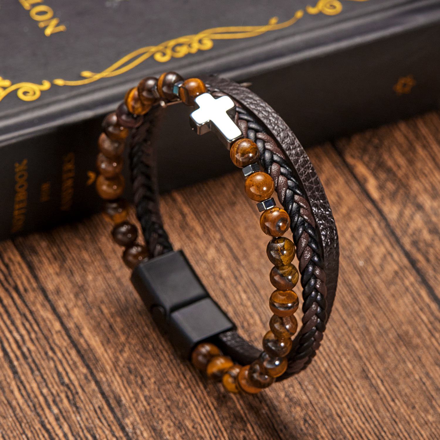 

Многослойный мужской кожаный браслет ручной работы в стиле ретро с бусинами из натурального камня