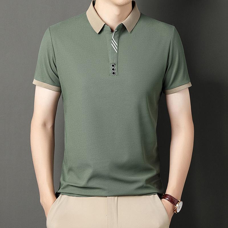 Korean Handsome New Summer Ice Silk Polo Shirt Loose Breathable Short Sleeved Thin Polo Striped Casual Tops Men's Clothing