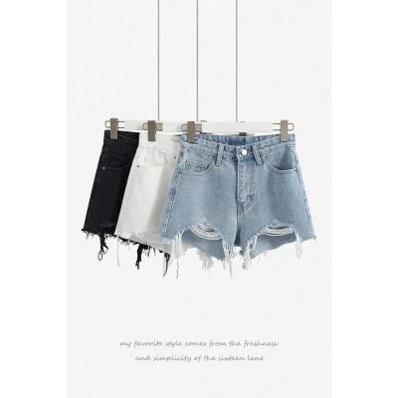 Summer Broken Holes High Waist Denim Shorts Women's A-line Trousers Raw Edge Frayed Wide Leg Shorts