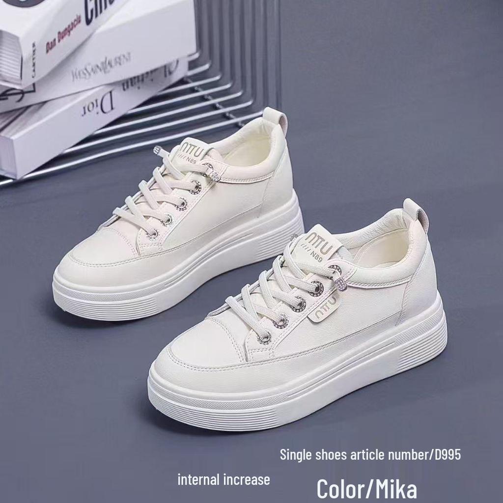 Women's White Hidden Heel Sneakers, Comfortable Soft Sole Platform, Genuine Leather, 2025 Autumn Collection.
