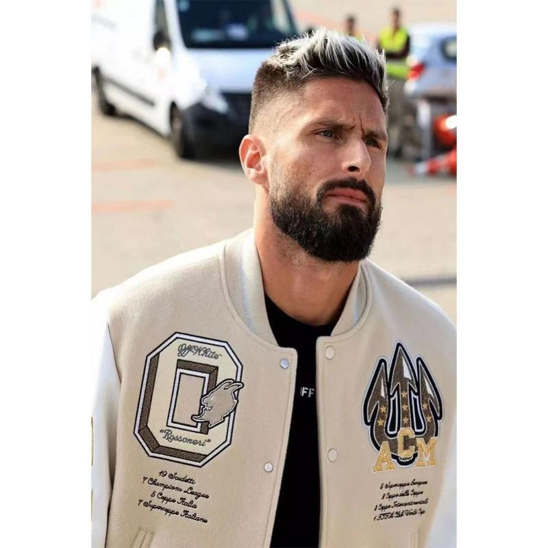 Tide Brand AC Milan Embroidered Leather-Sleeve Versatile Baseball Jacket
