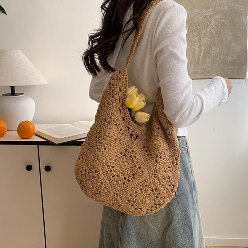 Women Woven Bag Chic Hobo Bag Large Capacity Weaving Shoulder Purse Stylish Hollow Out Handbag Vacation Bag