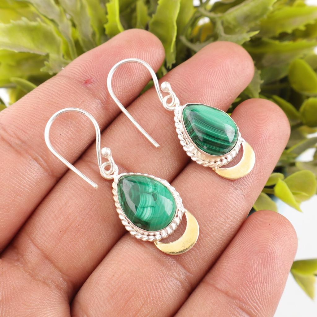 Piatră prețioasă Malachit Verde Bijuterii Argint Sterling 925 Handmade Cercei Cățărători 1.5" EE-162-21