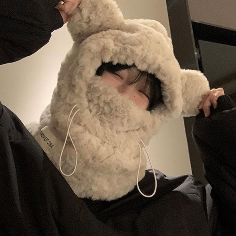 Mode Damen Winter Plüsch Bärenohren Mützen Warmhalten Nackenschutz Kapuzenschal Pullover Mütze Verdicktes Lätzchen Masken-Set Outdoor