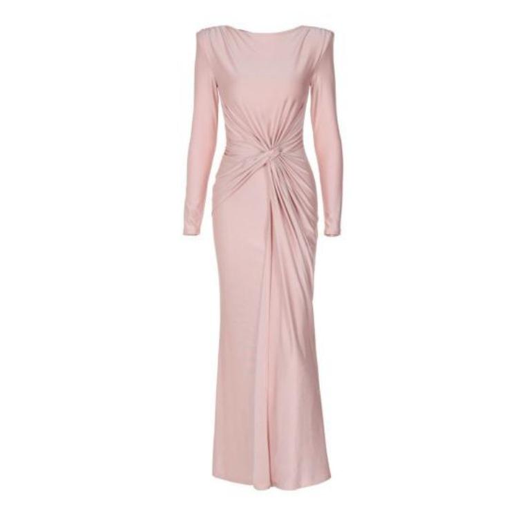 Women's Cocktail & Evening Dresses - Women Evening Dress Slim Fit Round Neck Back Zipper Pleated Knot Decor