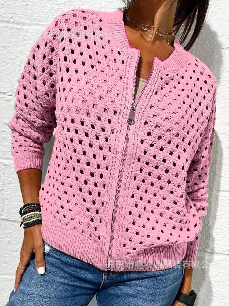 Women's Black Mesh Knit Cardigan with Zipper and Lace-Up Sleeve Detailing