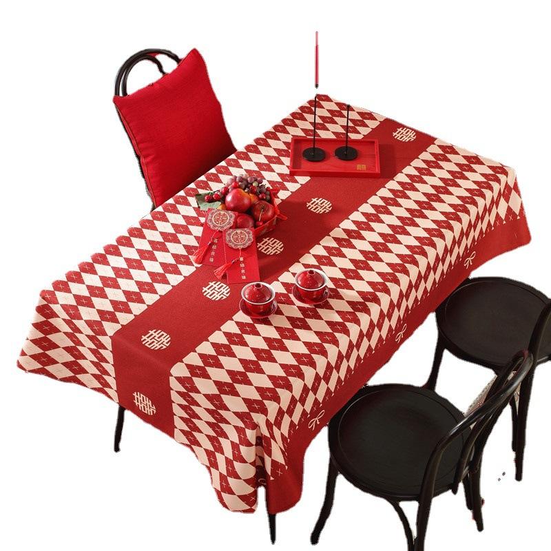 Polyester Printed Wedding Wedding Happy Character Red Festive Wedding Room Decoration Coffee Table Tablecloth Waterproof Dining Table Cloth