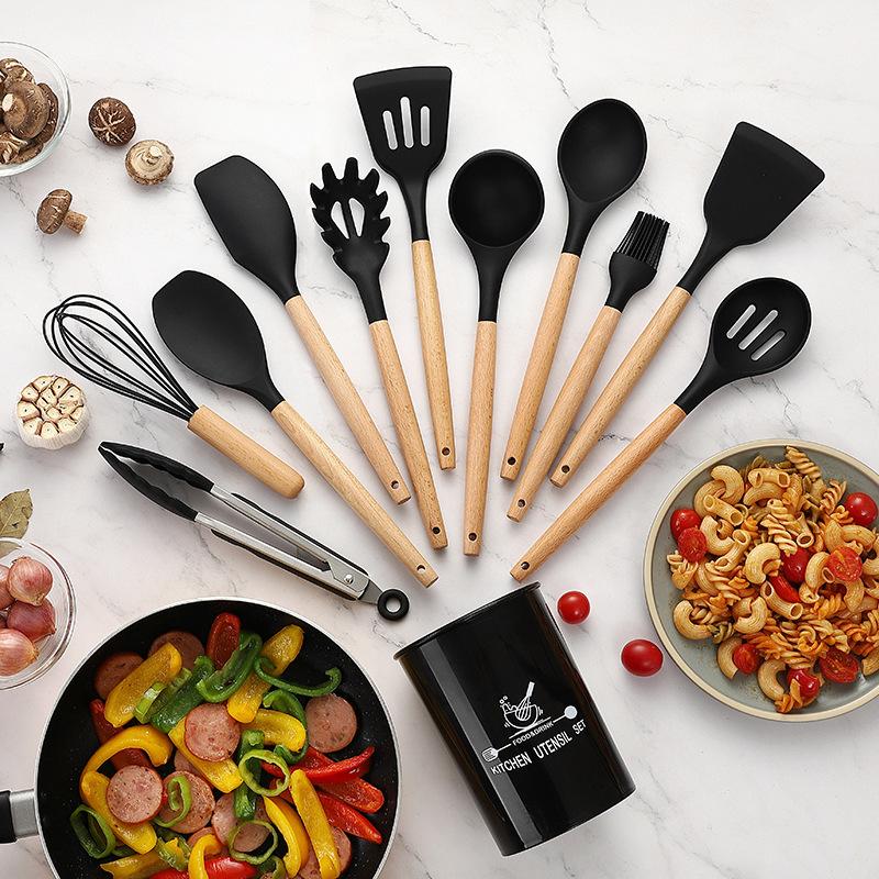 4/11/12PCS Silicone Cooking Utensils Set Non-stick Spatula Shovel Wooden Handle Cooking Tools Set with Storage Box Kitchen Tools