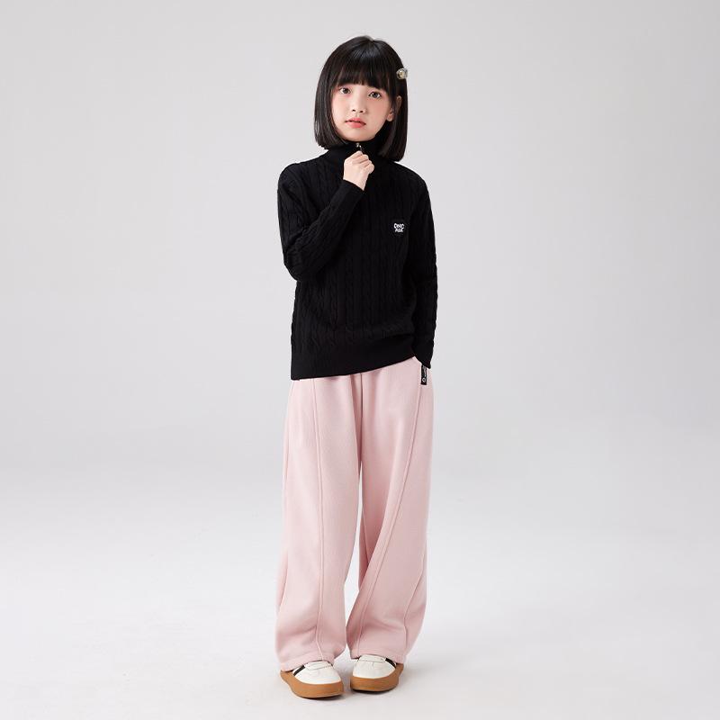 Girls' Fleece-Lined Slim Wide-Leg Winter Pants - Casual, Thick and Loose-Fit Trousers for Kids.