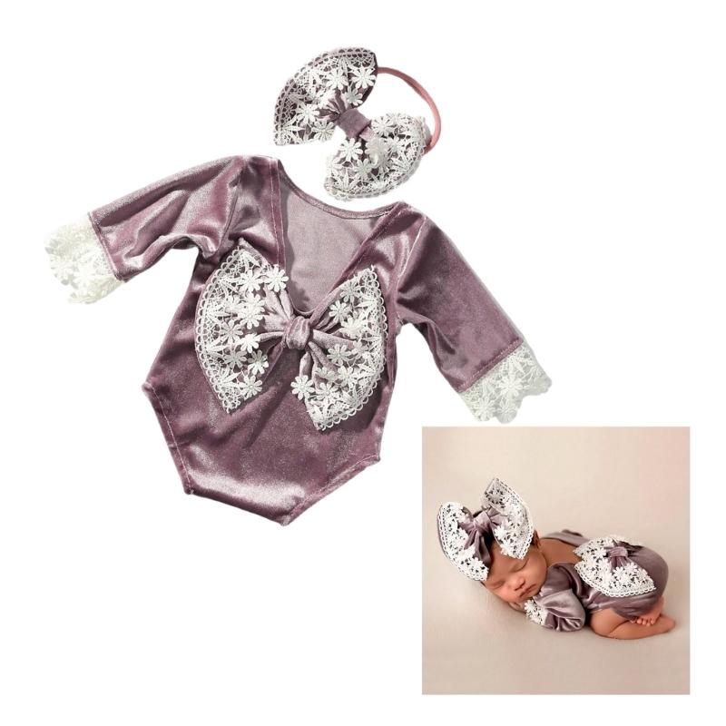 Infant Bowknot Romper and Hairband Photo Clothing Set Photoshooting Props Newborn Shower Gifts Baby Photography Outfit