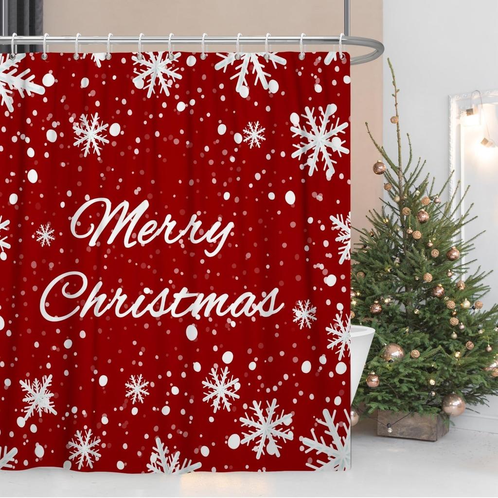 Snowflakes Shower Curtain For Bathroom Merry Christmas Decor Shower Curtain Set With Hooks Red White Snow Flowers Mas Waterproof