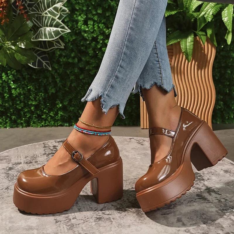 Fashion Brown Super High Heels Mary Jane Shoes for Women 2025 Fashion Chunky Platform Pumps Woman Patent Leather Ankle Strap Party Shoes