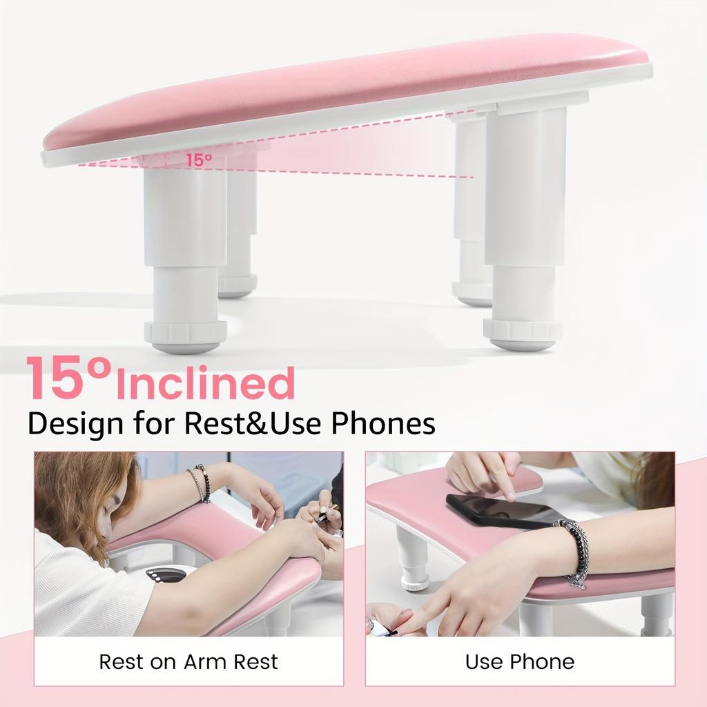 Justerbar höjd U-formad manikyristarmstöd, utrustad med ergonomiskt mikrofiberarmstöd - formaldehydfritt, rosa handstöd