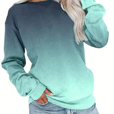 Camiseta casual de tamanho grande, estampa de gradiente feminina, manga comprida, gola redonda, camiseta elástica média