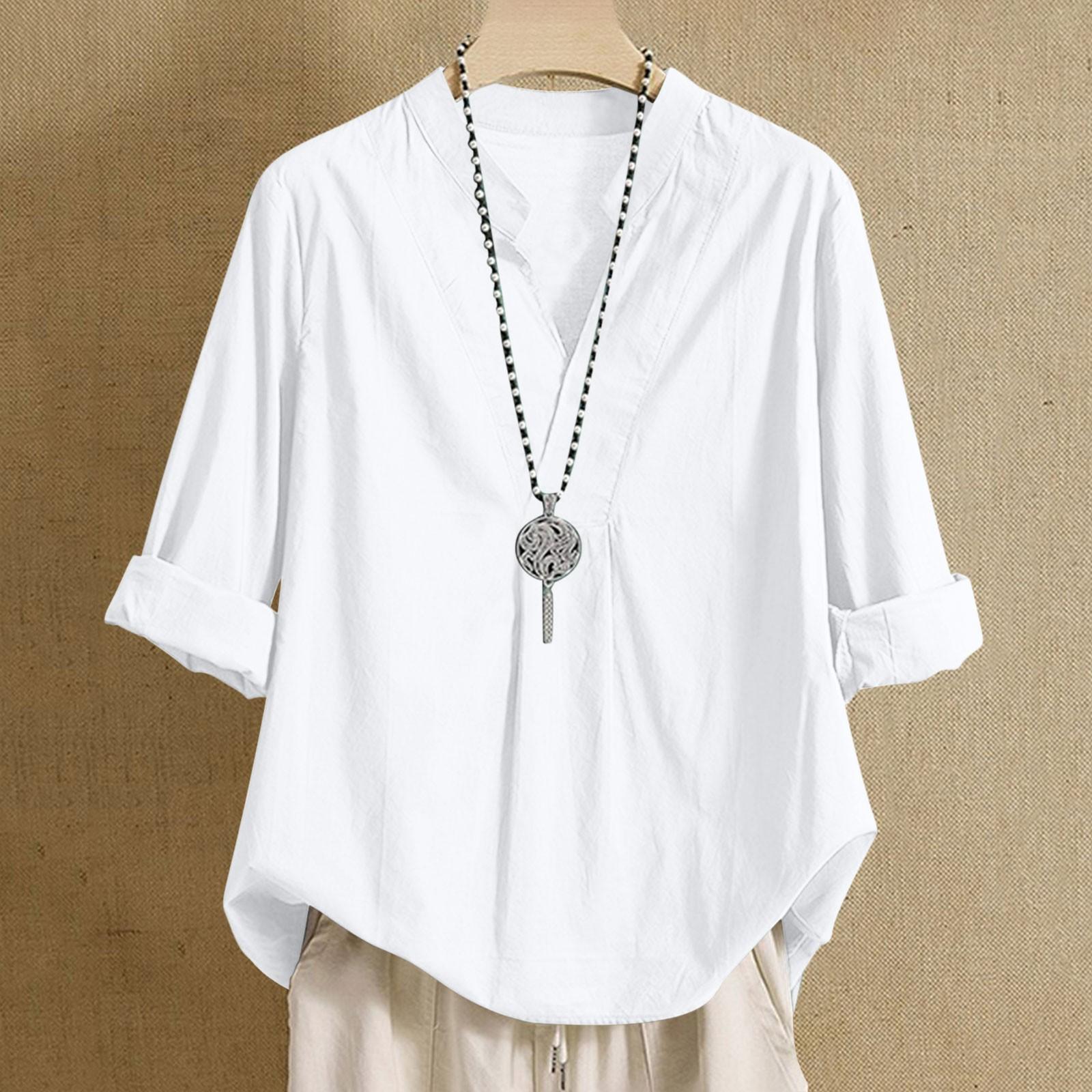 

Женская рубашка из хлопка и льна, однотонная, рукав 2/1, свободная рубашка с V-образным вырезом и пуговицами L белый