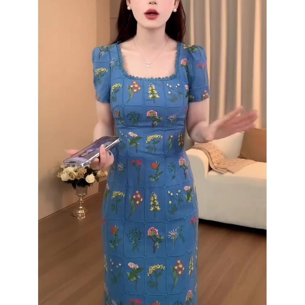 

Модное платье макси с квадратным вырезом, цветочной вышивкой, разрезом сзади и шлейфом, для девочки, летнее новое, с завышенной талией XL- (recommended 110-60kg)