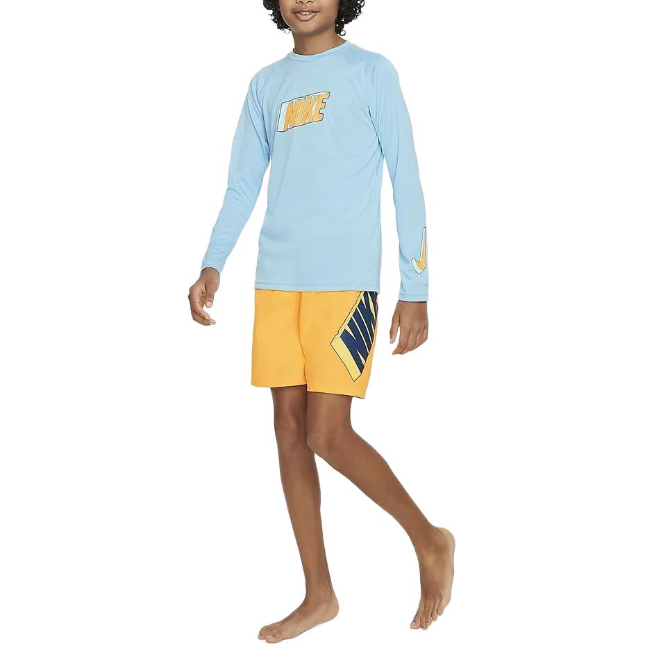 Nike T-Shirt Swim Letter Round Neck Casual Pullover Sun Protection Quick Dry Cool Long Sleeve Kids Tops Water-Blue FZ6551-407