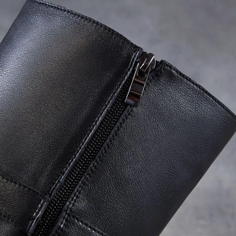 Johnature Skórzane Retro Damskie Kozaki Rycerskie na Grubej Podeszwie Okrągły Nosek Klamra Paska Wysokie Kozaki