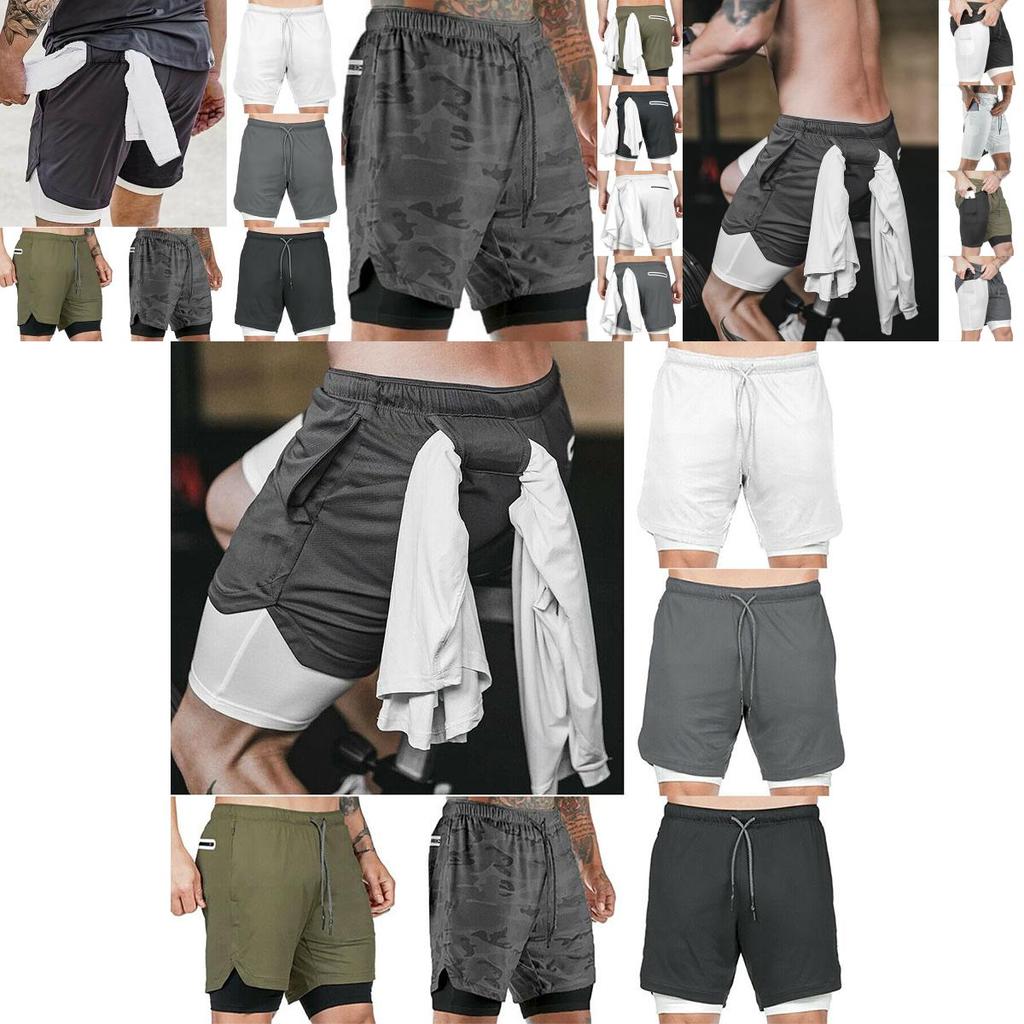 Men's Camo Running Double-deck Stretchy Quick Dry Gym Shorts With Secure Phone Bag