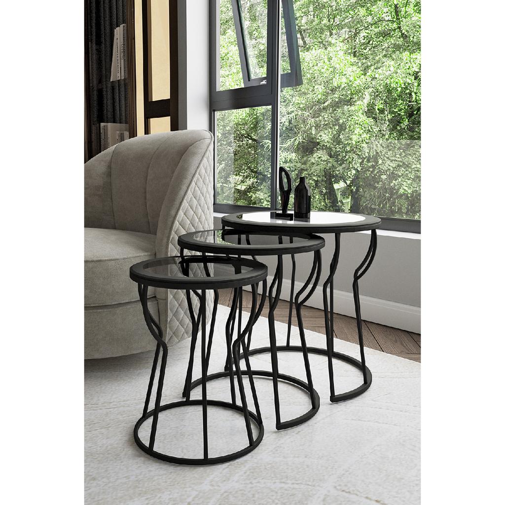 C Hourglass 3-piece Nesting Coffee Table Set Black Leg - Smoked Glass MDF