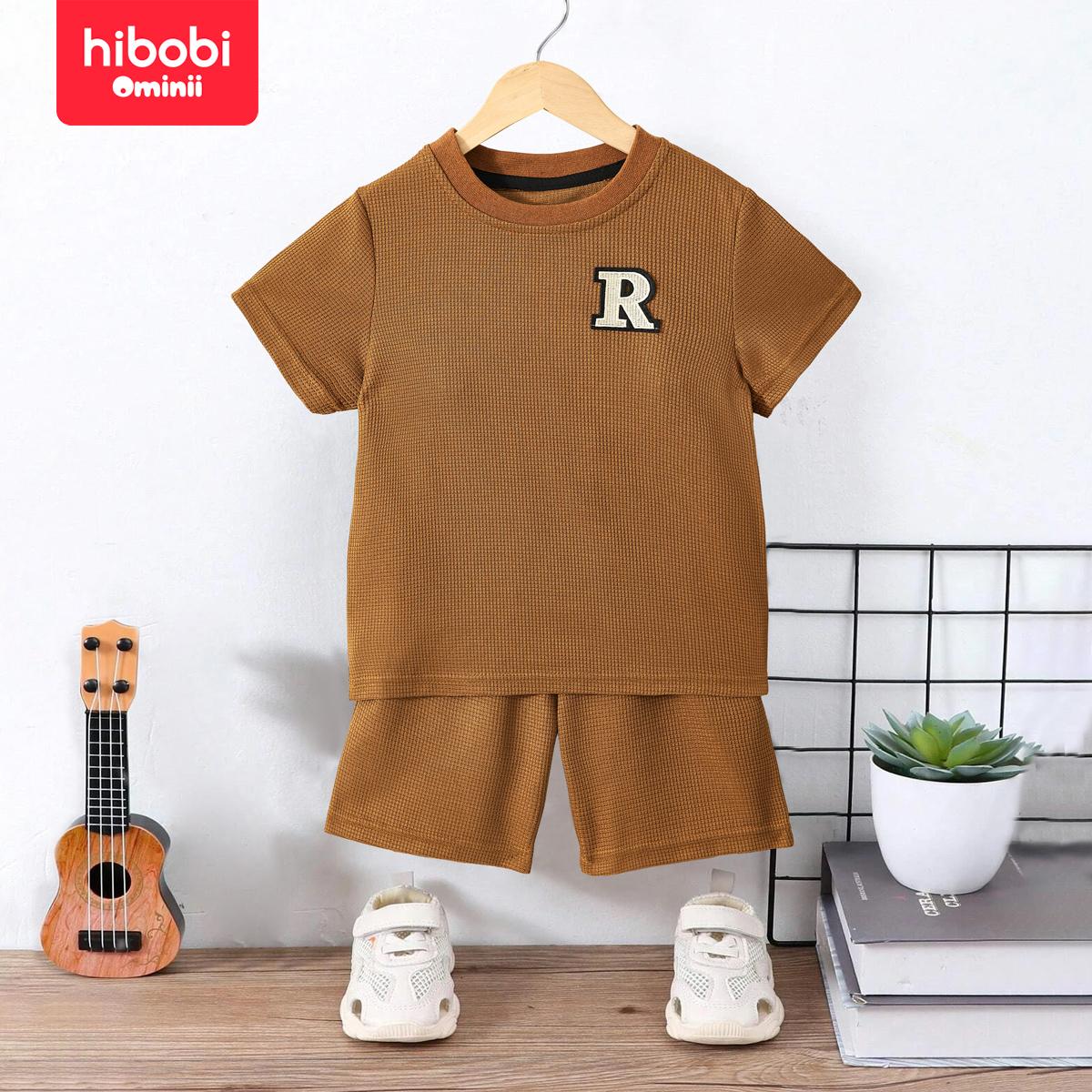 

Hibobi новый однотонный комплект с вафельными буквами и короткими рукавами + шорты, комплект из двух предметов