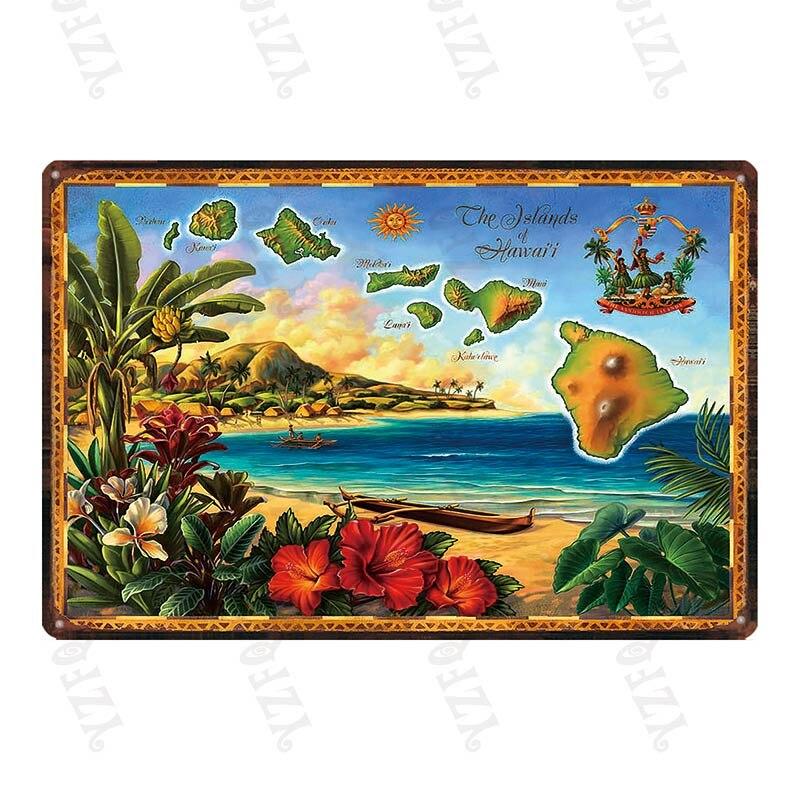 Vintage Hawaii City Painting with Hula Dancers  Metal Travel Tin Sign for Wall Decor In Pubs Cafes and Homes  Beach Metal Pla