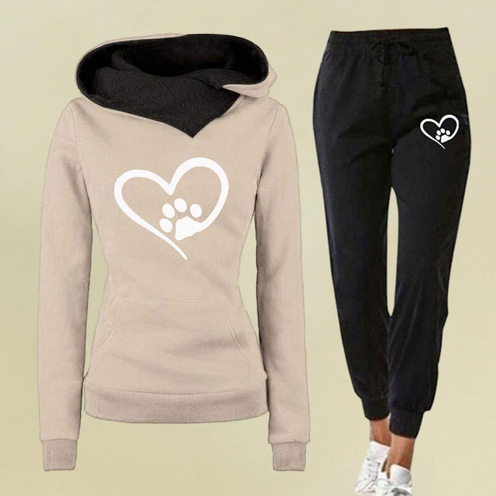 2Pcs/Set Women Autumn Winter Heart Print Sport Outfit Hooded Long Sleeve Front Pocket Sweatshirt Tops Elastic Waist Jogger Pants