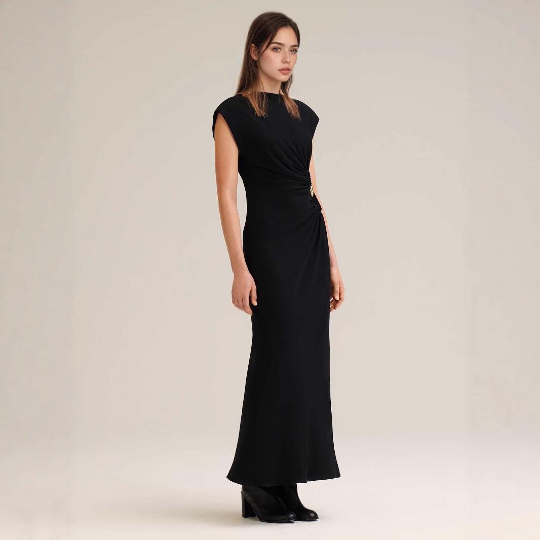 Nanyou Hepburn Style Solid Color Simple and Elegant Pleated Button Accent Dress Elegant Socialite Versatile Elegant Long Dress us size s