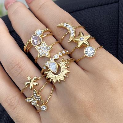 Europese & Amerikaanse 18k Goud Verguld Roestvrij Staal Diamant Ring Set - Lichte Luxe Dames Sieraden