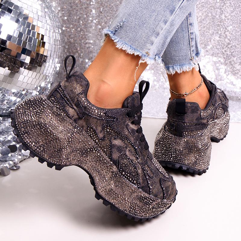 Fashion Luxury Rhinestone Chunky Sneakers for Women Fashion Purple Denim Platform Sports Shoes Woman Non Slip Thick Sole Vulcanize Shoes