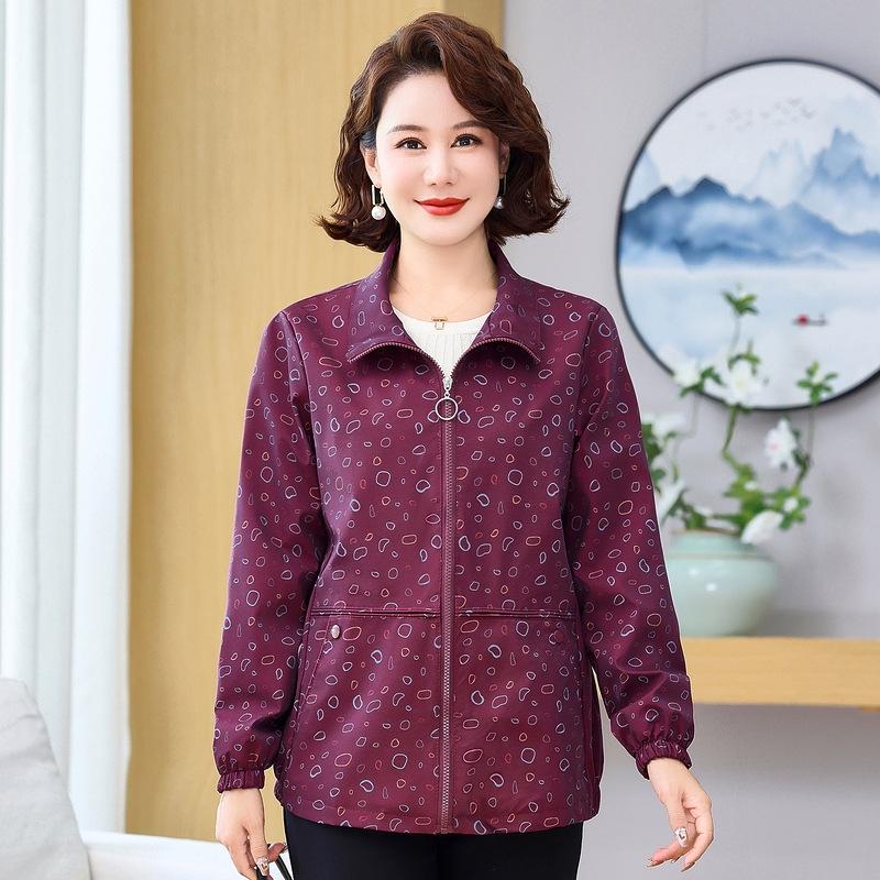 Early Spring Printed Lapel Zipper Jacket for Middle-Aged & Elderly Women - Loose, Comfortable Outerwear