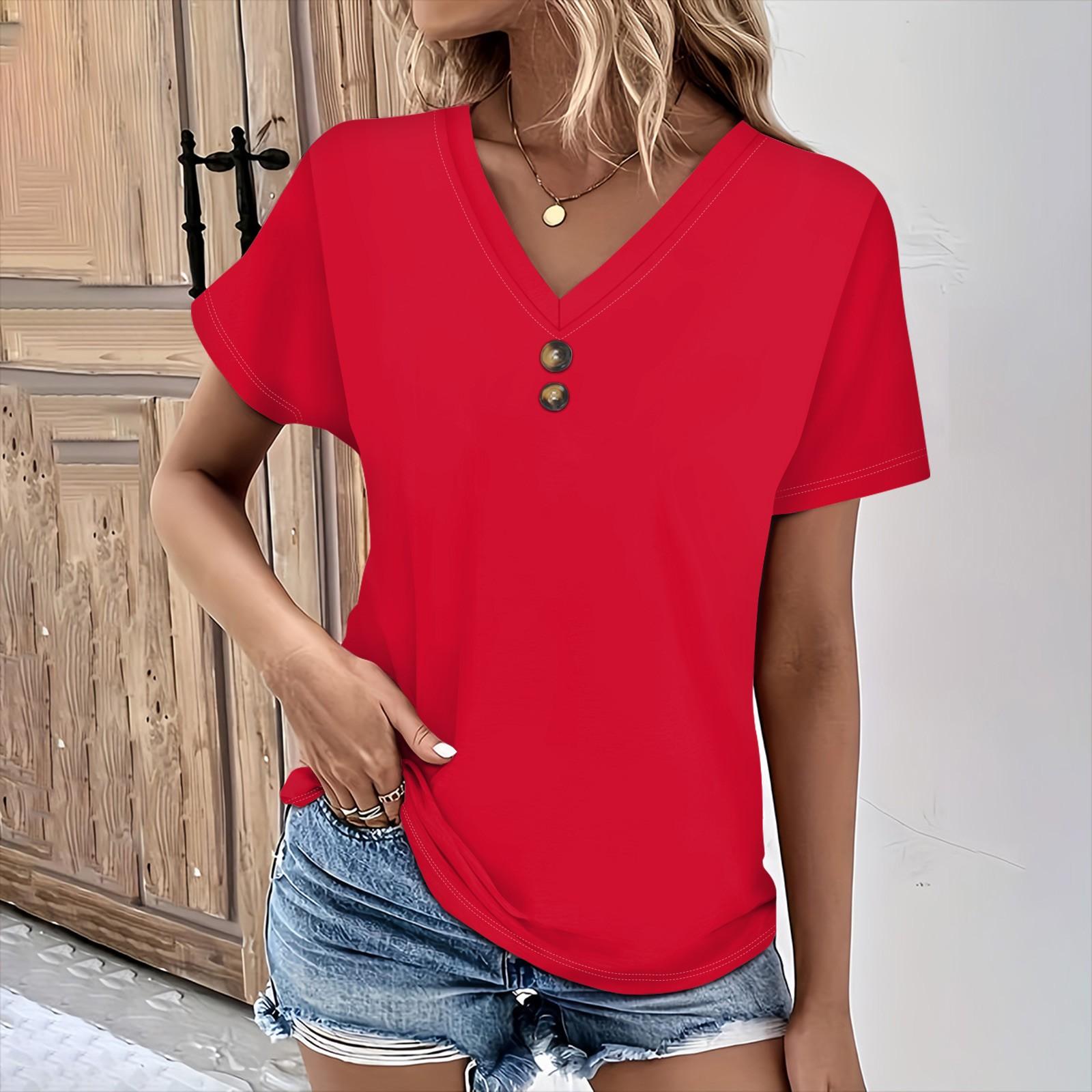 

Женский топ в повседневном стиле, однотонная свободная футболка с v-образным вырезом и пуговицами спереди, с короткими рукавами XXL красный
