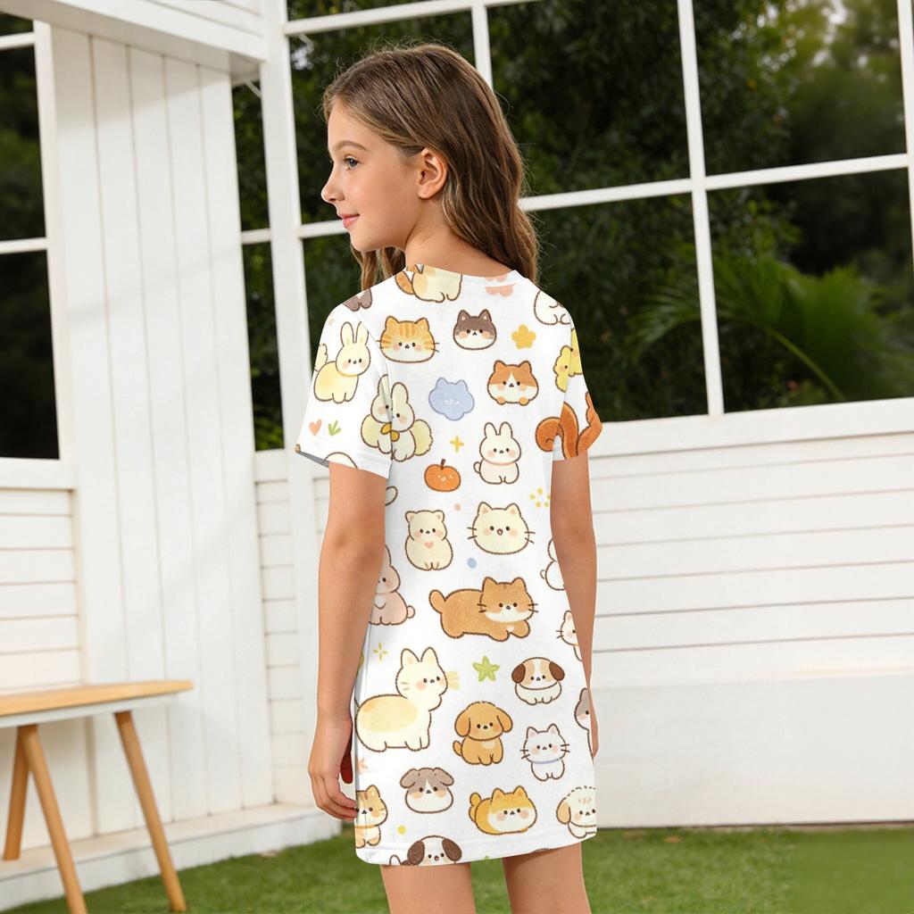 Girls Animal Print Dress Loose Fit Short Sleeve Round Neck Lightweight Summer Dress for Kids Casual Wear