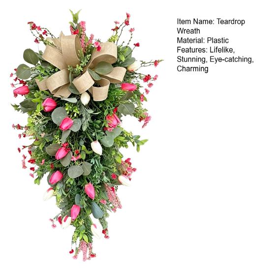 24" Tulip Teardrop Swag for Front Door Spring Artificial Teardrop Wreath with Burlap Bow for Farmhouse Kitchen Wall Mantel Decor