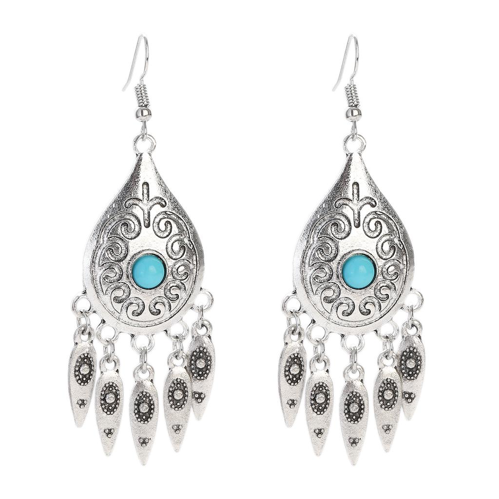 Vintage Ethnic Natural Stone Indian Earrings Jhumka Female Antique Silver Plated Geometric Carved Earrings Party Tassel Jewelry