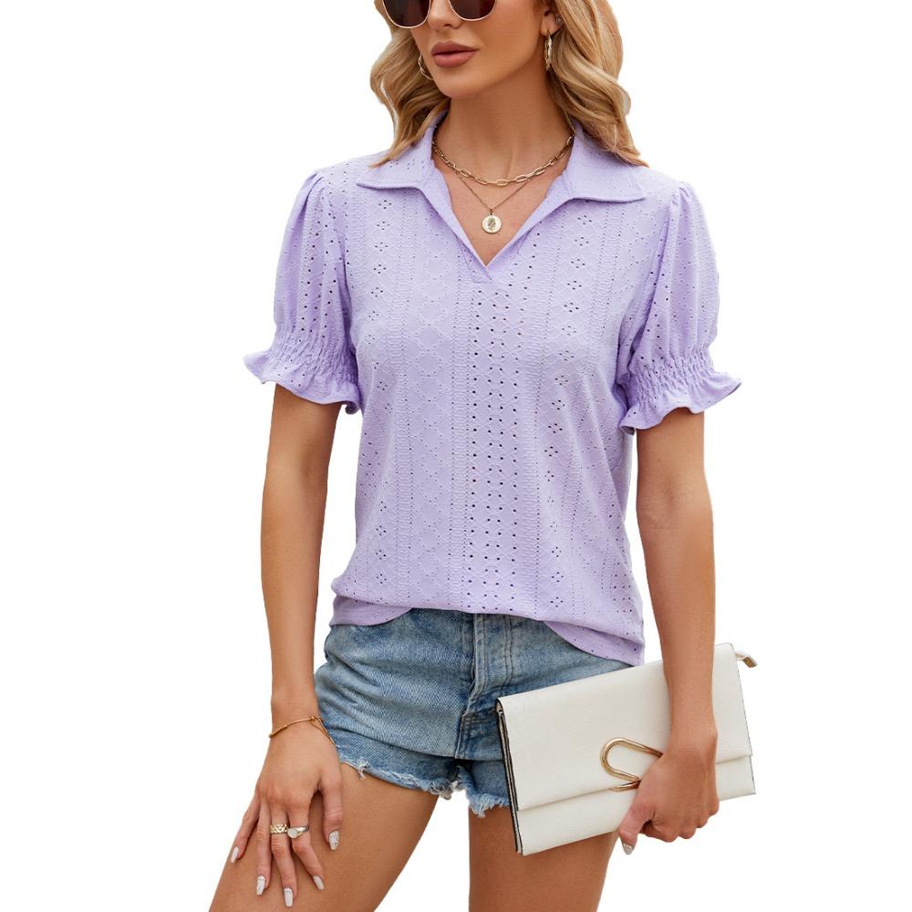 Women s Turn Down Collar Short Sleeve Basic Top Loose Fit Casual Tee Solid Color S фиолетовый