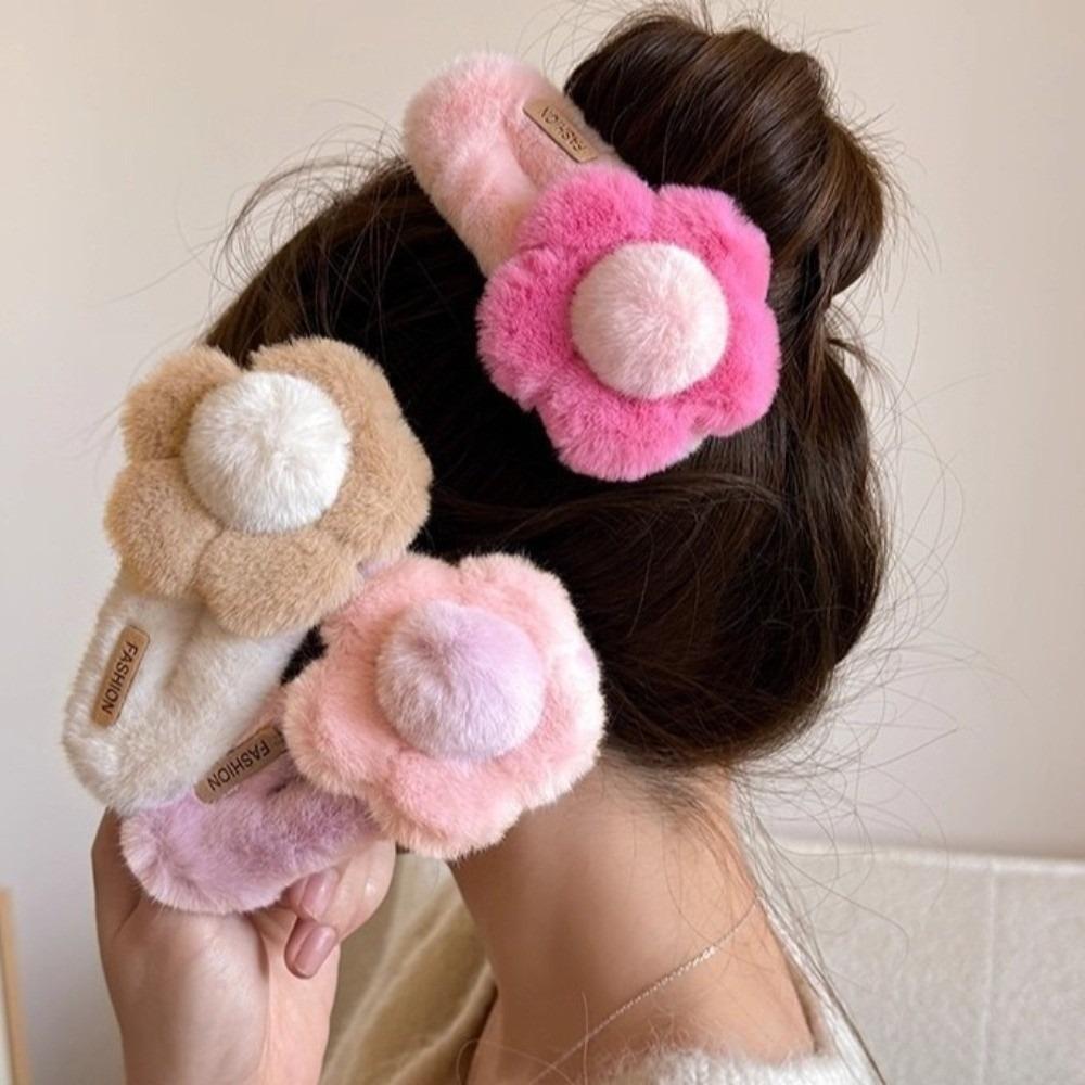 Fashion Plush Flower Hair Clip Sweet Duckbill Clip Headwear Accessories  Back Head