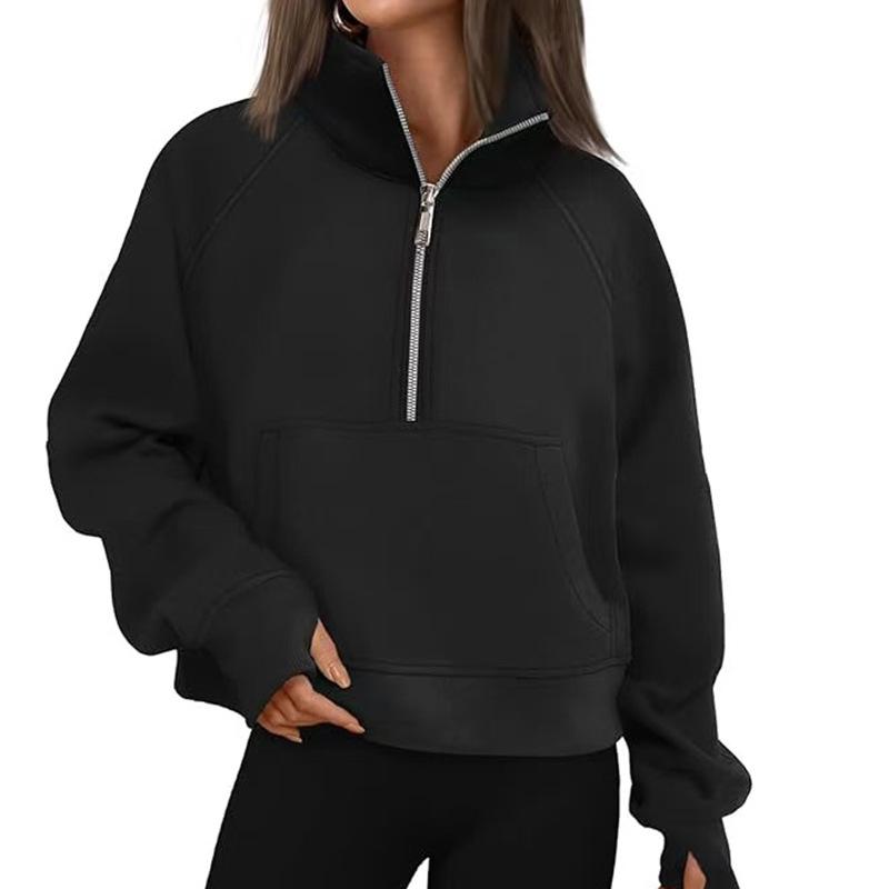 Women's Autumn/Winter Solid Color Half-Zip Cropped Hoodie - European & American Style