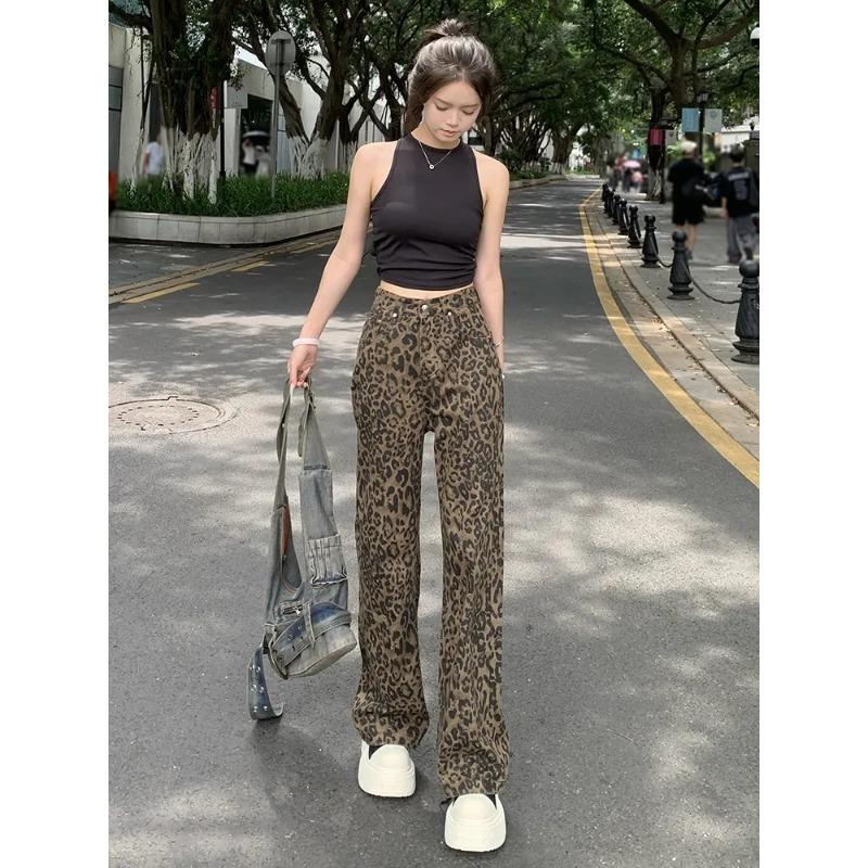 New Fashion Leopard Print Retro Women's Pants Elegant Casual Wide-leg High Street Straight Jeans Spring Autumn Casual Long Pants Loose Trousers 2215