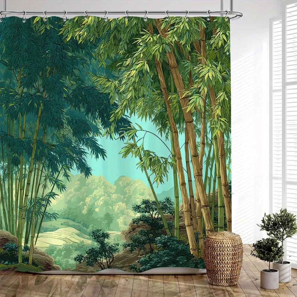 1Pc Bamboo Forest Bath Curtain - Serene Landscape With Tall Slender Stalks, Lush Green Foliage & Rolling Hills, Realistic Styliz