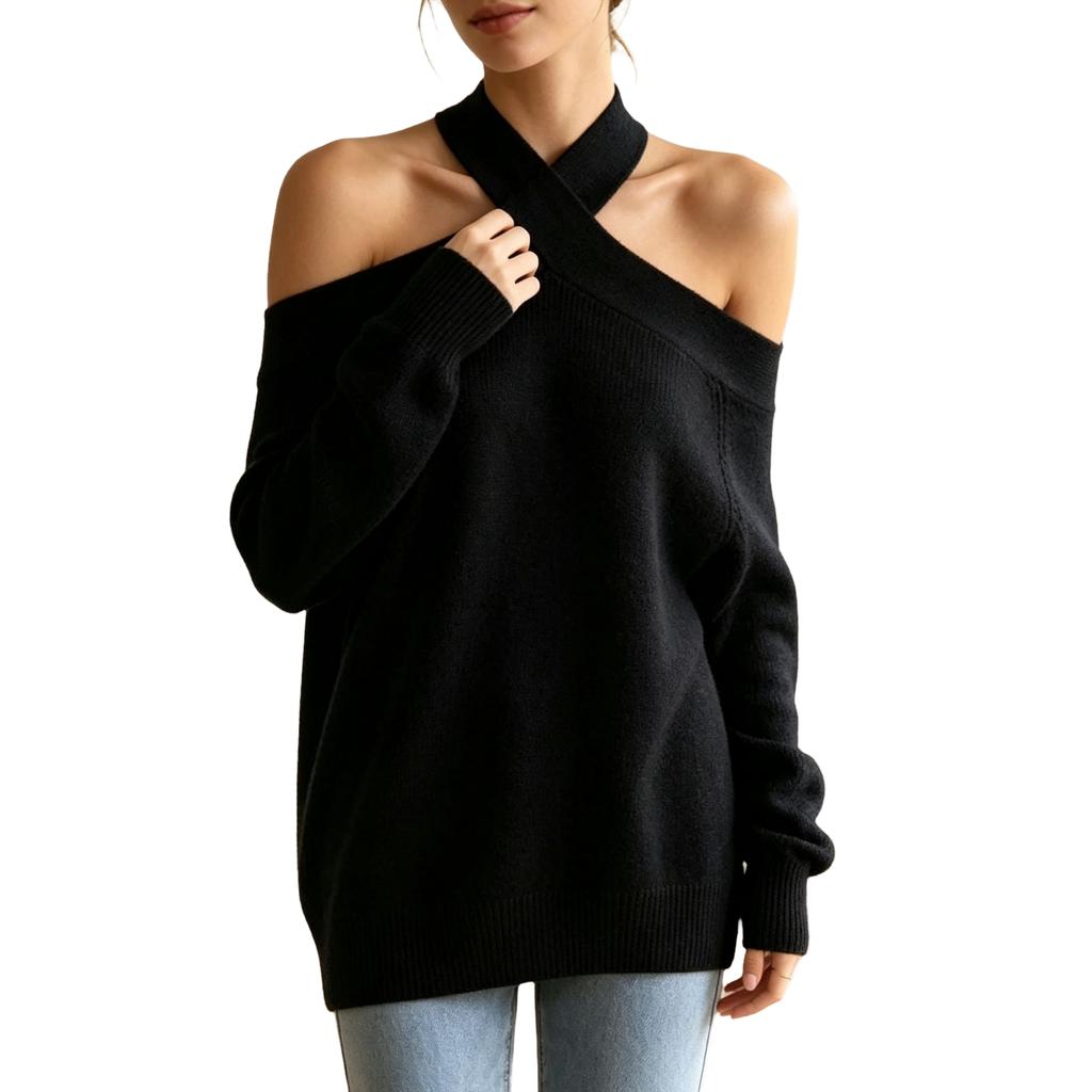 Damen Strickpullover mit Carmen-Ausschnitt, lockerem Schnitt