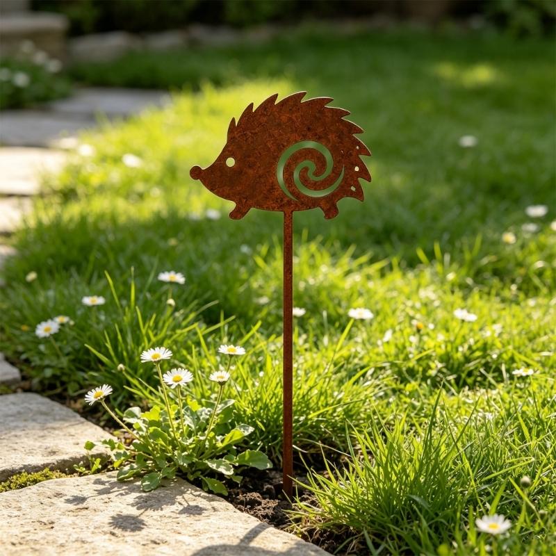 Rusty Animal Yard Stake Decoration for Lawns and Porch Edges, Metal Garden Stake with Weathered Finish and Easy Soil Placement