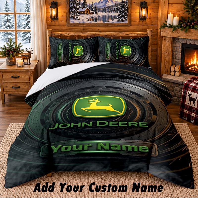 Set Biancheria da Letto John Deere 3 Pezzi Nome Personalizzato, Lenzuolo e Federe per Camera da Letto di Casa