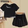 WTEMPO Women's Summer Cotton Suit Summer Short Sleeve T-Shirts + Sports Shorts Two Pieces Set Female Fashion Solid Casual Suit