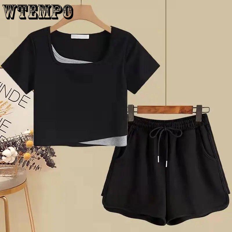 WTEMPO Women's Summer Cotton Suit Summer Short Sleeve T-Shirts + Sports Shorts Two Pieces Set Female Fashion Solid Casual Suit