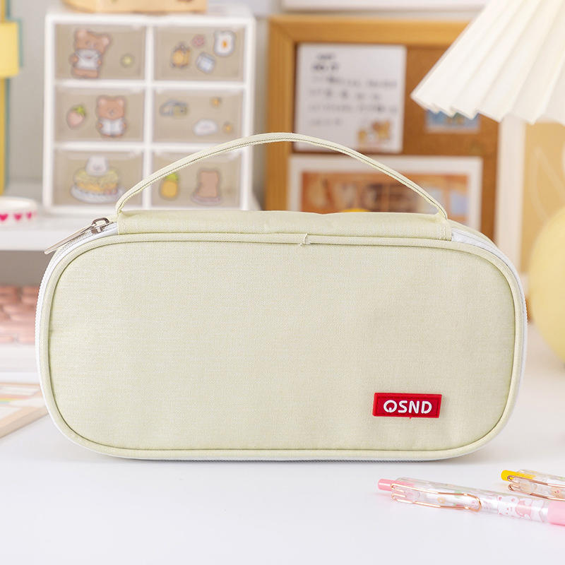 Handheld Double-layer Pencil Case Oxford Cloth Solid Color Student Case Pencil with Pen Clip Compartment Storage Bag School Stationery