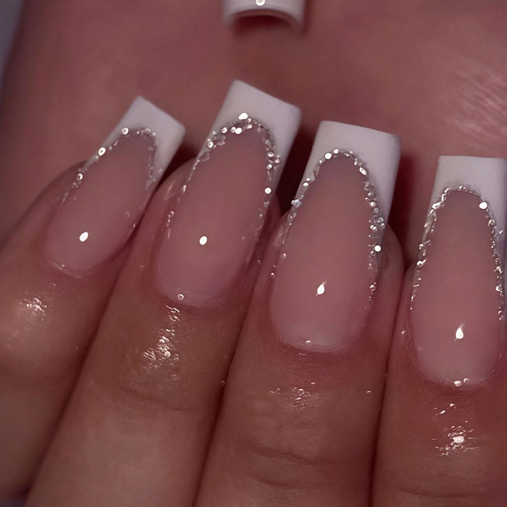 24-Pack Medium & Long White French Ballet False Nails with Glitter Powder