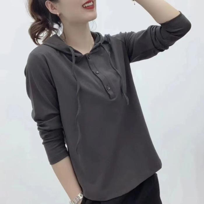 Autumn New Hoodie Women's Long-sleeved Sleeves Hooded Base Shirt Mother's Casual Loose Top Large Size T-shirt Women